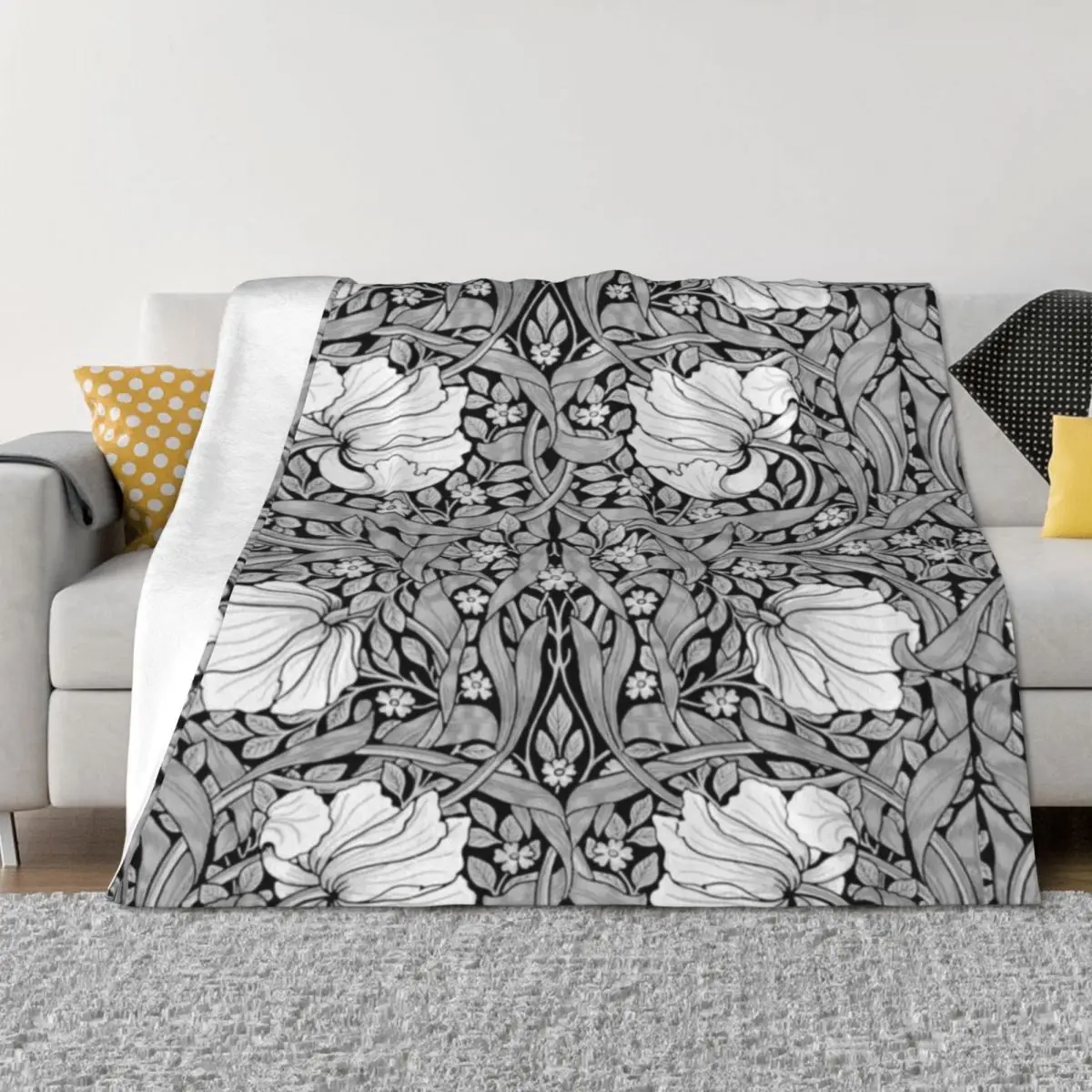 

William Morris-Pimpernel, black, white, grey Throw Blanket Picnic Bed linens Large christmas decoration Blankets
