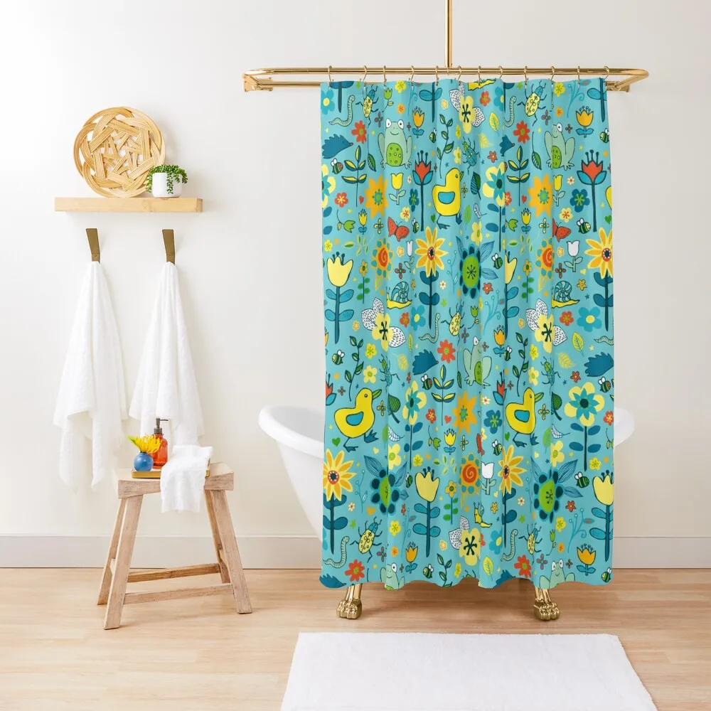 Ducks and Frogs in the Garden - Aqua and Lemon - floral pattern by Cecca Designs Shower Curtain Shower Bathroom Curtain