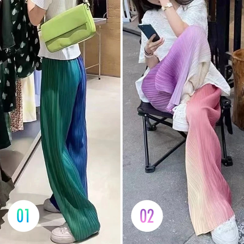 

Two-color Gradient Wide Pants 2024 New Spring Summer Women Trousers Fashion Pleated Elastic High Waist Loose Drape Straight Pant