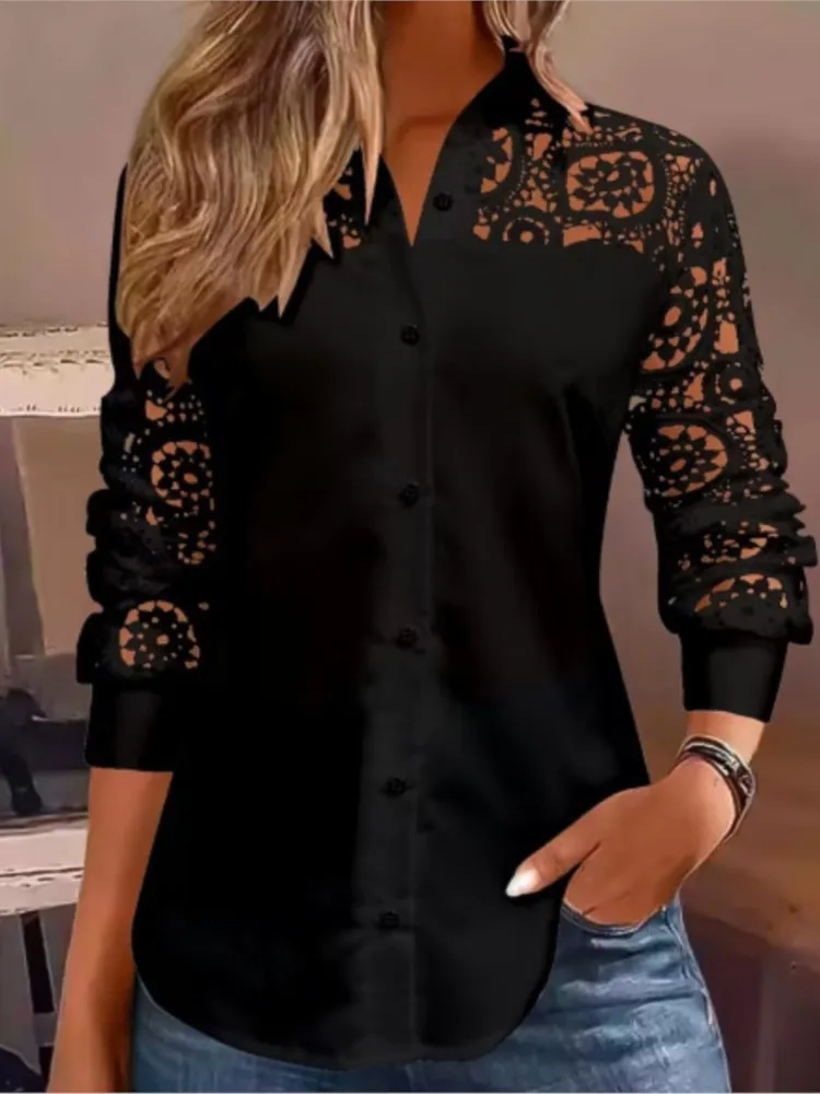 Neue Frühjahr Und Sommer Hohl V-ausschnitt frauen Shirts Mode Elegante Casual Langarm Taste Schwarz Urlaub Dame Top Shirts