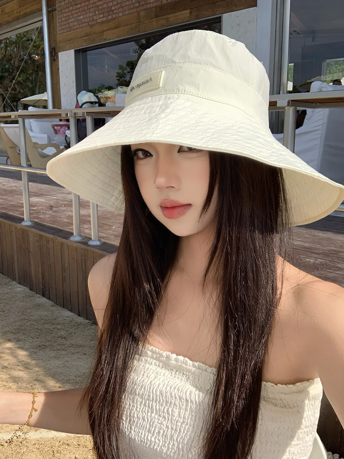 Wide Brim White Summer Fishing Cap Women's Thin Sun Protection Hat Face Slimming Artistic Versatile Foldable round Top Hat