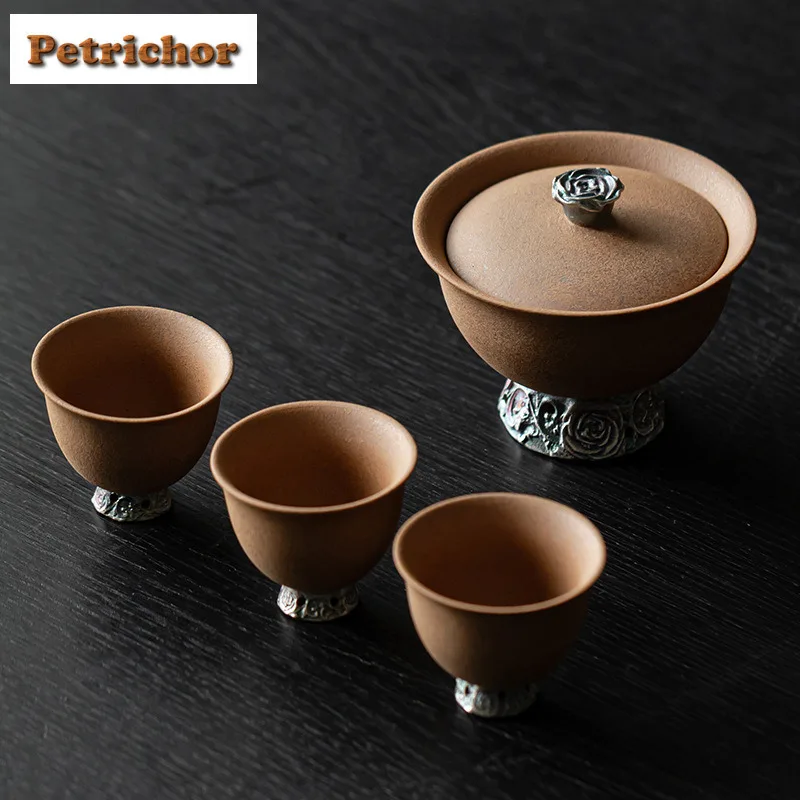 

Серебряный чайный сервиз Old Rock Clay Rose, полный набор, традиционный набор для чайной церемонии, набор чайных чашек и чайных чашек для чайных украшений