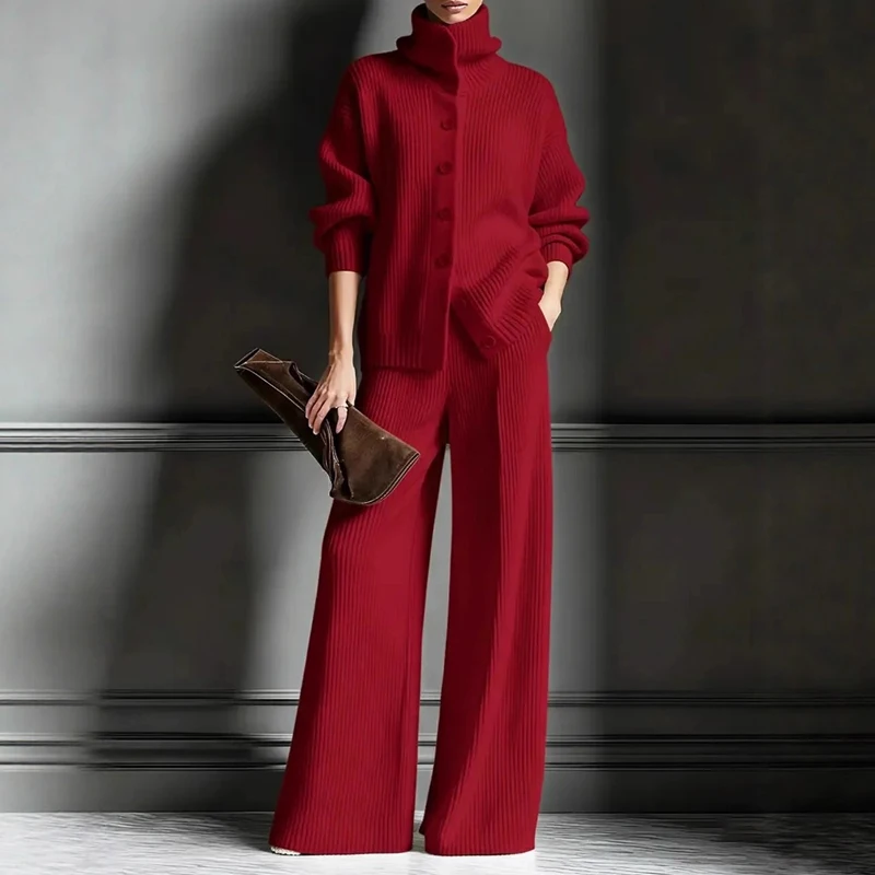 Señora Simple Slim 2 piezas moda cuello alto manga larga suéter de punto y pantalones conjuntos Otoño Invierno sólido nuevo viaje trajes cálidos