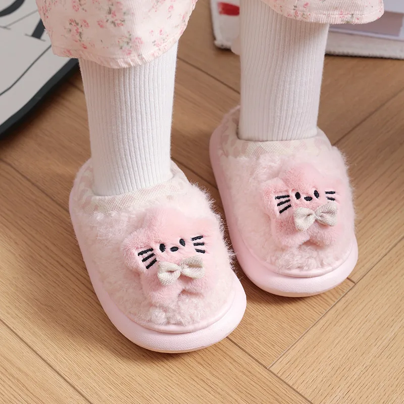 Kids Adults Winter Fuzzy Slippers Cute Kitty Bow Plush Slippers Leopard Print Collar Warm Fluffy Indoor Home Shoes Size 24‑41 - view 2