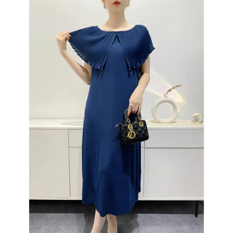 MIYAKE trendy and fashionable summer feminine style new slimming ruffle collar pleated mid length waist cinching dress [L-962F]