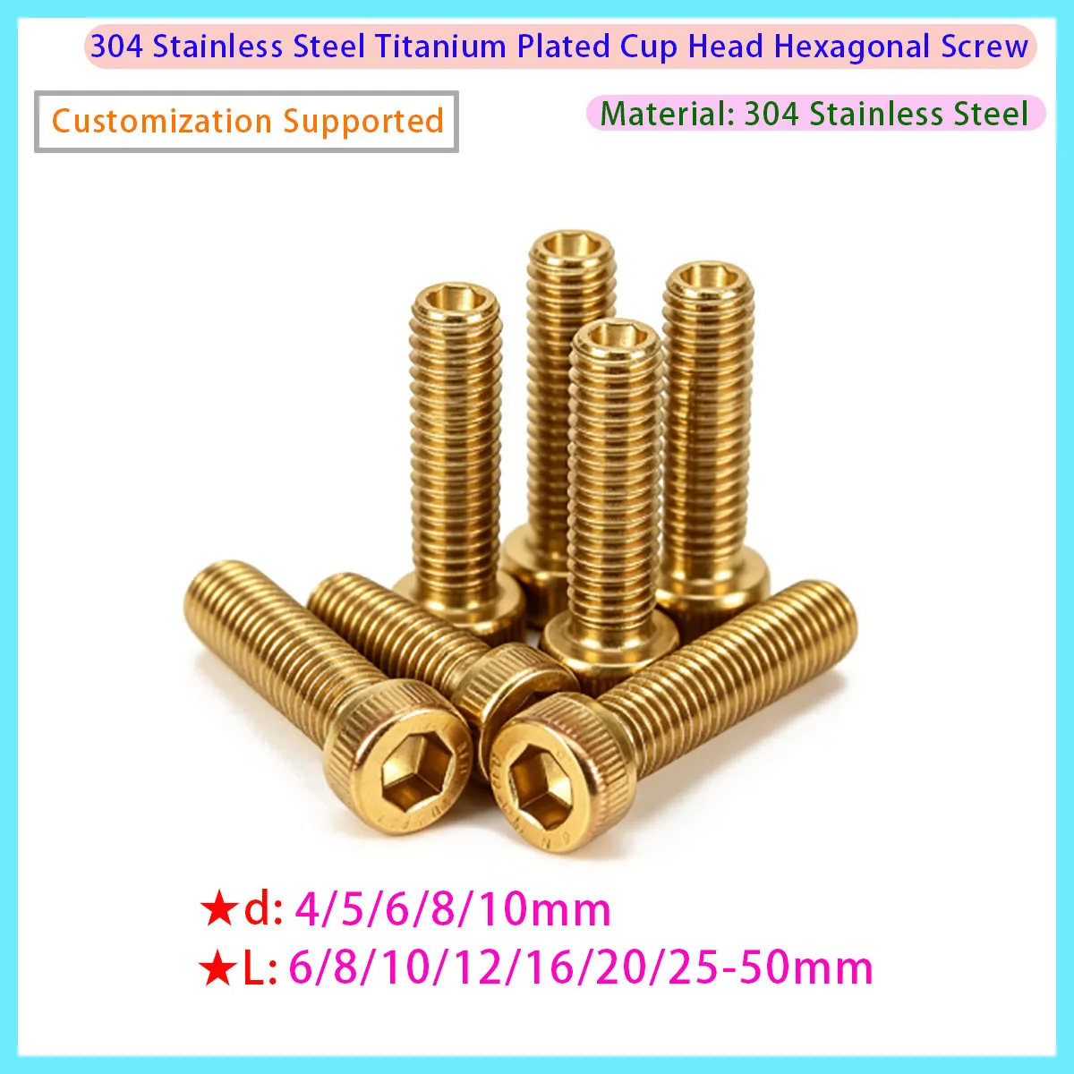 304 stainless steel titanium plated hexagonal cup-shaped bolt, corrosion-resistant high-strength M4 M5 M6 M8 M10