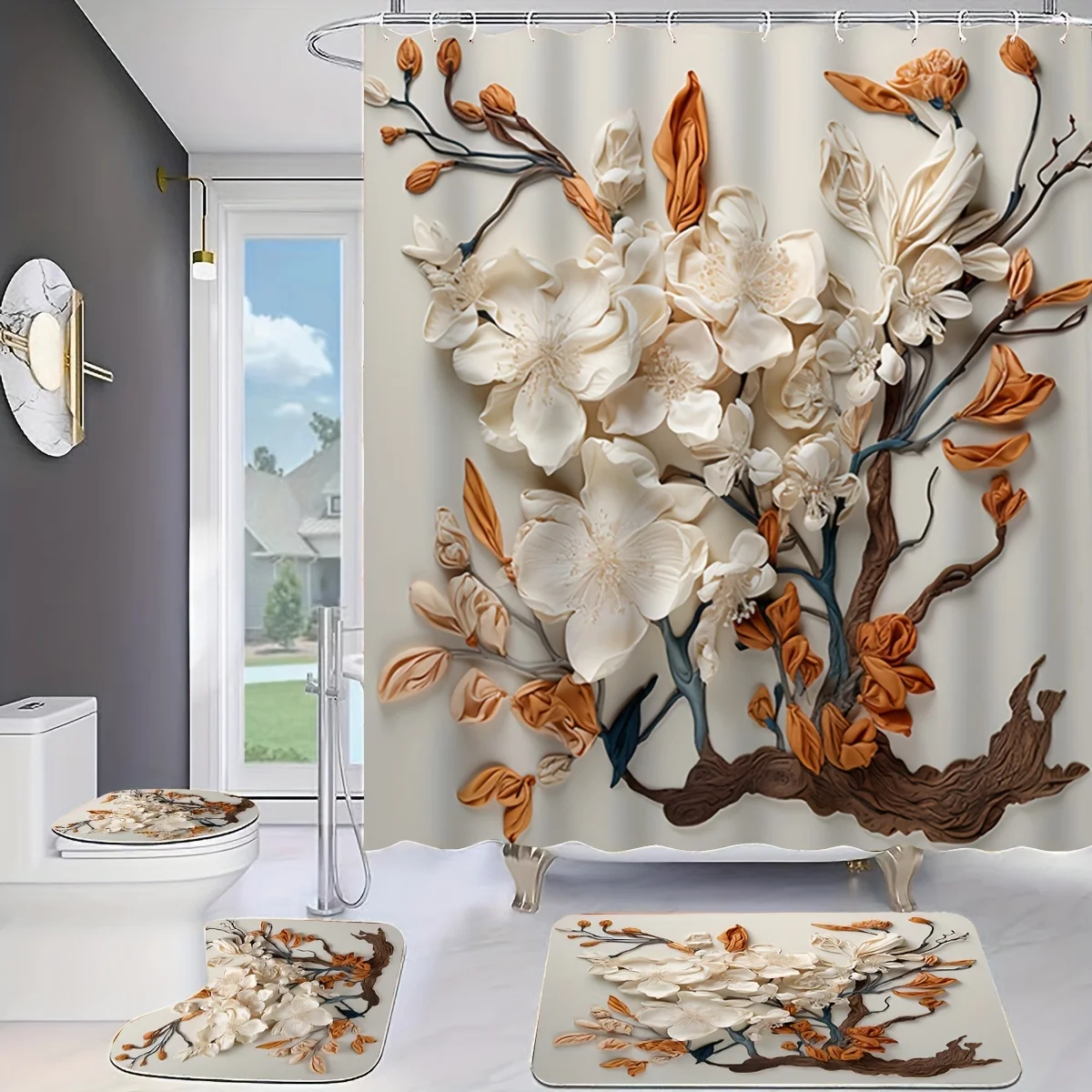 

4 шт., элегантный комплект занавесок для душа в стиле ретро с цветочным принтом, декоративный набор для ванной комнаты, включая водонепроницаемую занавеску для душа, нескользящий му