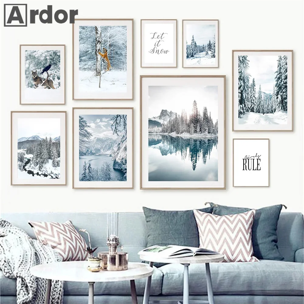 Sunlight Forest Lake Wall Art Canvas Painting Deer Tiger Wolf Poster Winter Snow Landscape Print Pictures Living Room Home Decor
