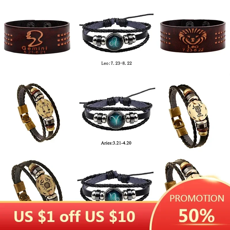 SOHOT New Trendy Vintage Leather Aquarius Capricorn 12 Constellations Bracelet For Women And Men Jewelry Accessories Souvenir