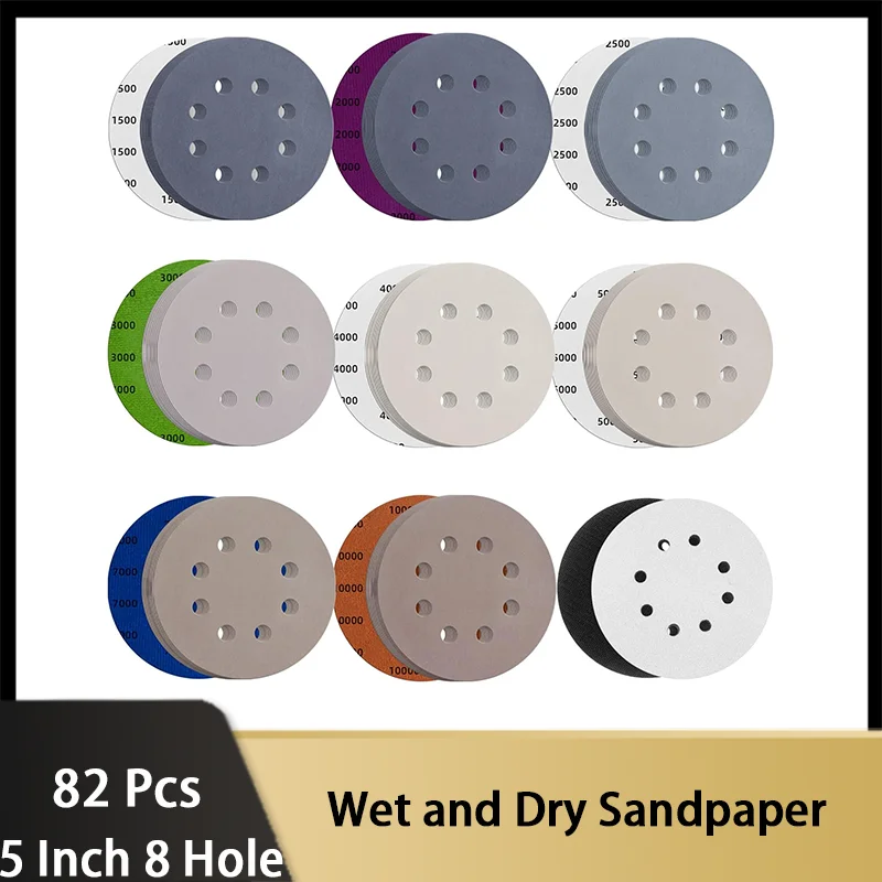 

5 Inch 8 Hole Wet Dry Sandpaper 82 Pcs Assorted Grits 1500-10000 with Interface Pad for Random Orbital Sander Automotive Wood