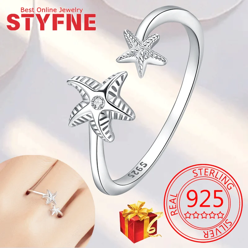 

Real 925 Sterling Silver Texture Starfish CZ Finger Rings Adjustable Ring For Women Wedding Jewelry Gifts with GIFT BOX