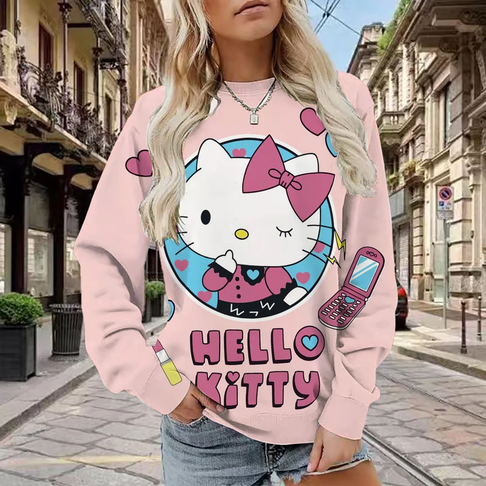 سويت شيرت نسائي منقوش عليه Hello Kitty، بلوفر مريح بأكمام طويلة، تصميم كرتوني برقبة دائرية، نمط كاجوال للخريف أ #2