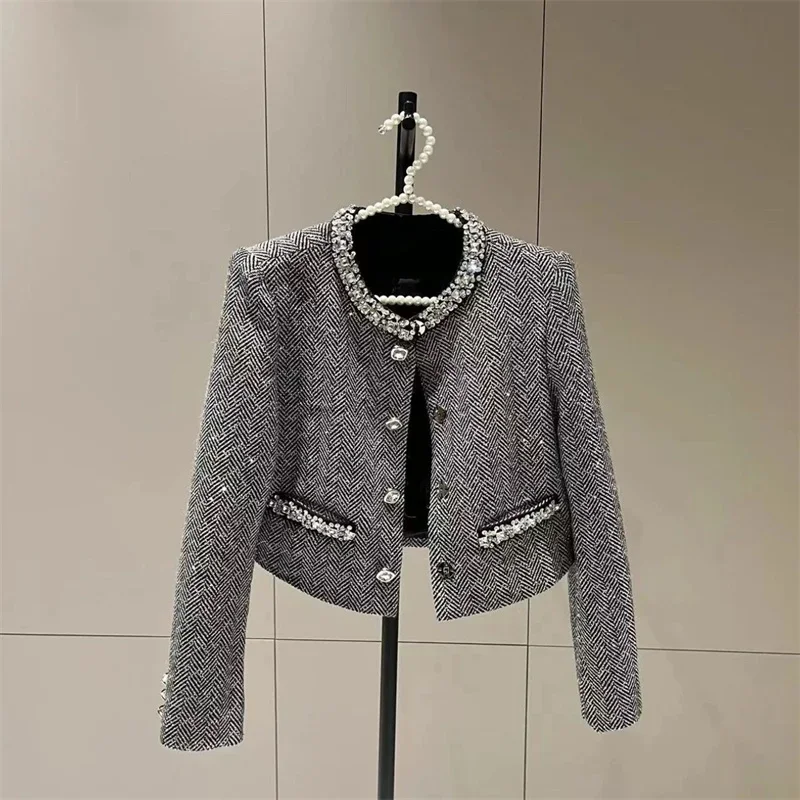 Luxury Diamond Beading Tweed Jacket Women's O-neck Single Breasted Short Woolen Coat Autumn Winter New Elegant Outerwears 527p