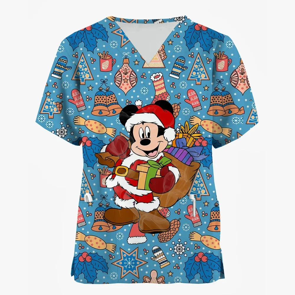 

Disney Uniform Women's Cartoon Stitch Print Nurse Work Shirt Pocket Gown Christmas Healthcare Nurse Scrubs