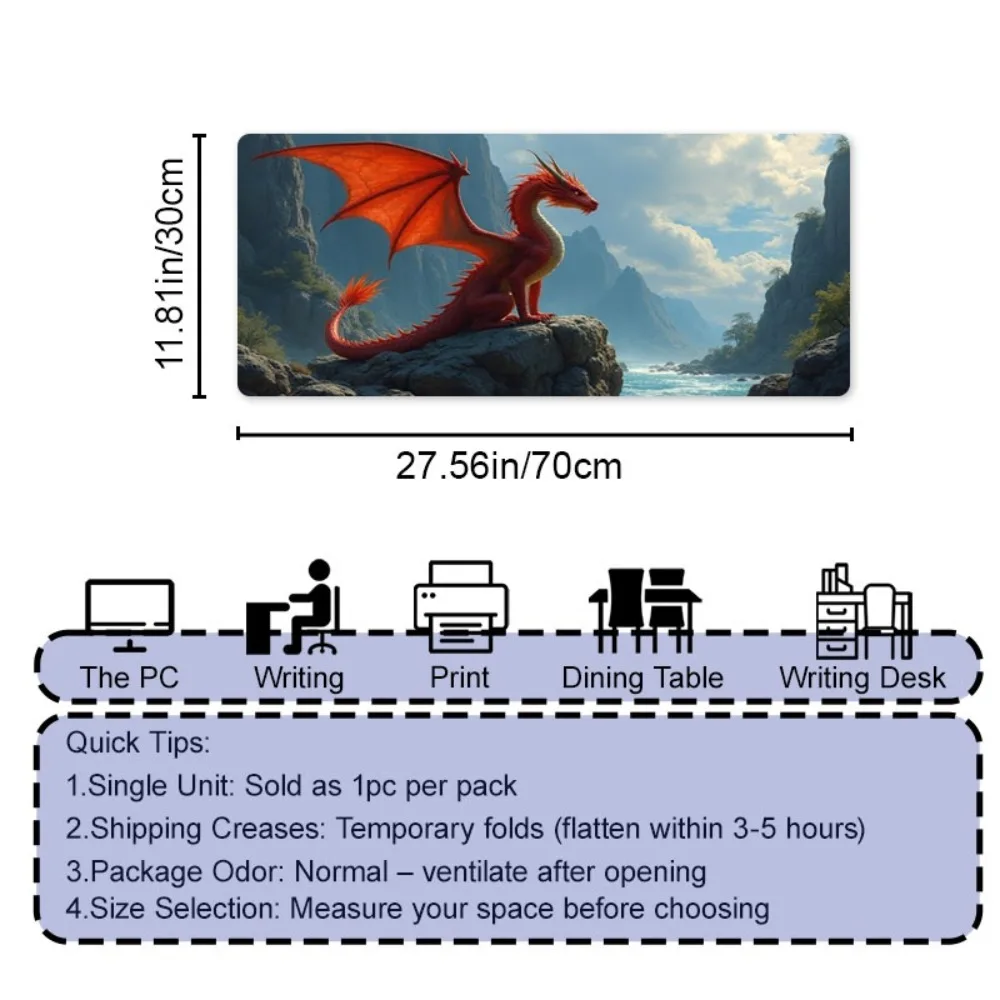 Large-sized fantasy red dragon printed gaming mouse pad, anti-slip table mat, perfectly suitable for e-sports pc accessories