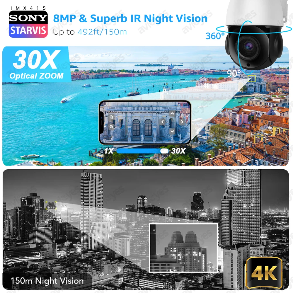 กล้อง CCTV ตรวจการณ์แบบ PTZ ซูม30X 4K 8MP กลางแจ้งตรวจจับมนุษย์/รถตรวจตราความปลอดภัยอัตโนมัติกล้องโดม80เมตร IR WiFi POE