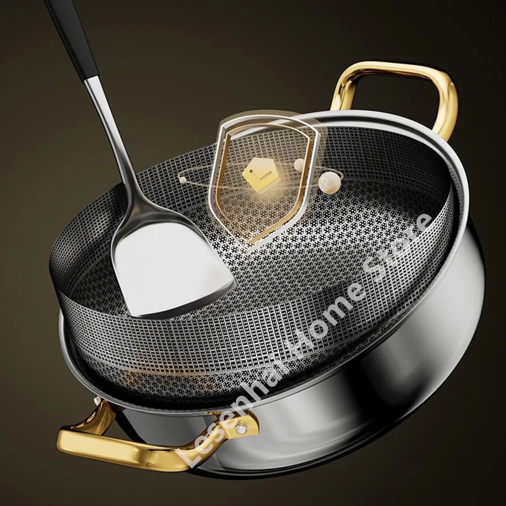 30cm Stainless Steel Soup Pot Wok Non-stick Honeycomb with lid Household Hot Pot Frying Pan Induction Cooker Gas Stove Universal