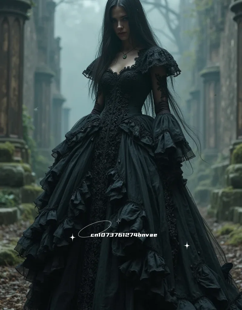 Gothic Black Prom Dress Ruffles Vintage Medieval Special occasion Gown Flare Sleeves Long Vestido De Novia Customized