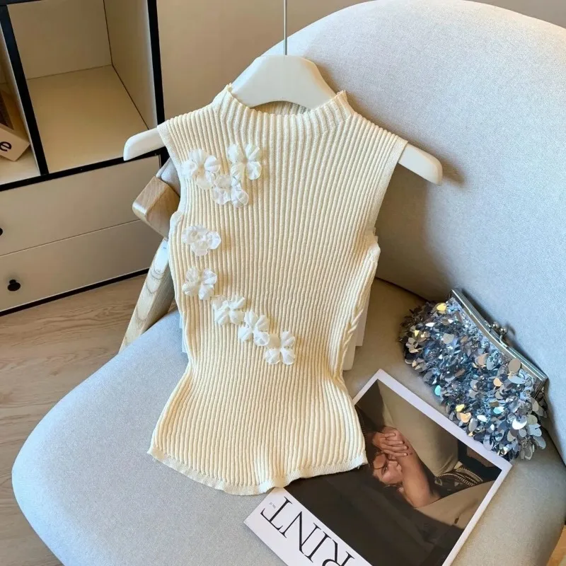 خريف جديد مزاجه Pitted سترة الحمالة المرأة ضيق ثلاثي الأبعاد زهرة الحرير الجليد محبوك للارتداء الخارجي