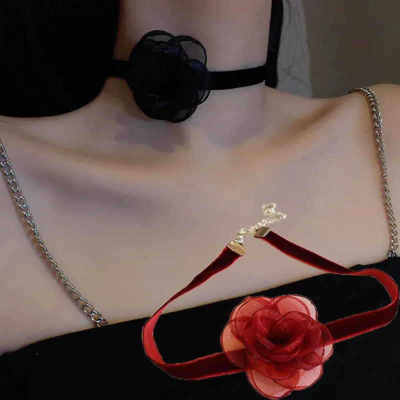 Black Rose Flower Organza Necklace for Women Party Sexy Lace Collar Neckband Chokers Wedding Clavicle Chain Jewelry Gift