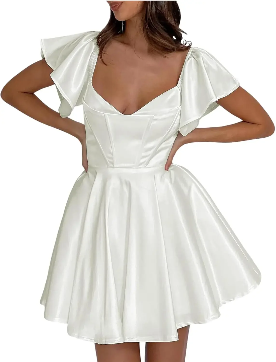 فساتين العودة للوطن من الساتان بأكمام قصيرة فلوي على شكل حرف A مشد لحفلات الكوكتيل فستان زفاف صغير صغير فستان عيد الميلاد #1