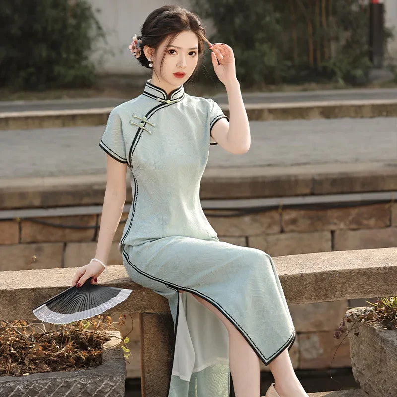 

2024 Новое длинное вечернее женское платье Cheongsam с двухслойным узором дракона, жаккардовое Ципао в стиле ретро, китайское улучшенное платье-юбка Ципао