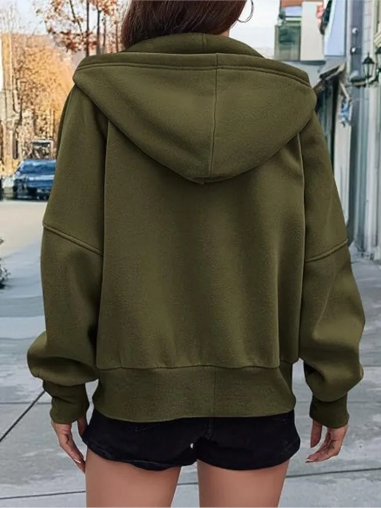 لطيفة سستة مقنعين كم طويل جيب اقتصاص المرأة معاطف السترة الصلبة أنيق مريح البلوز الخريف الشتاء السببية منفذها Ja #5