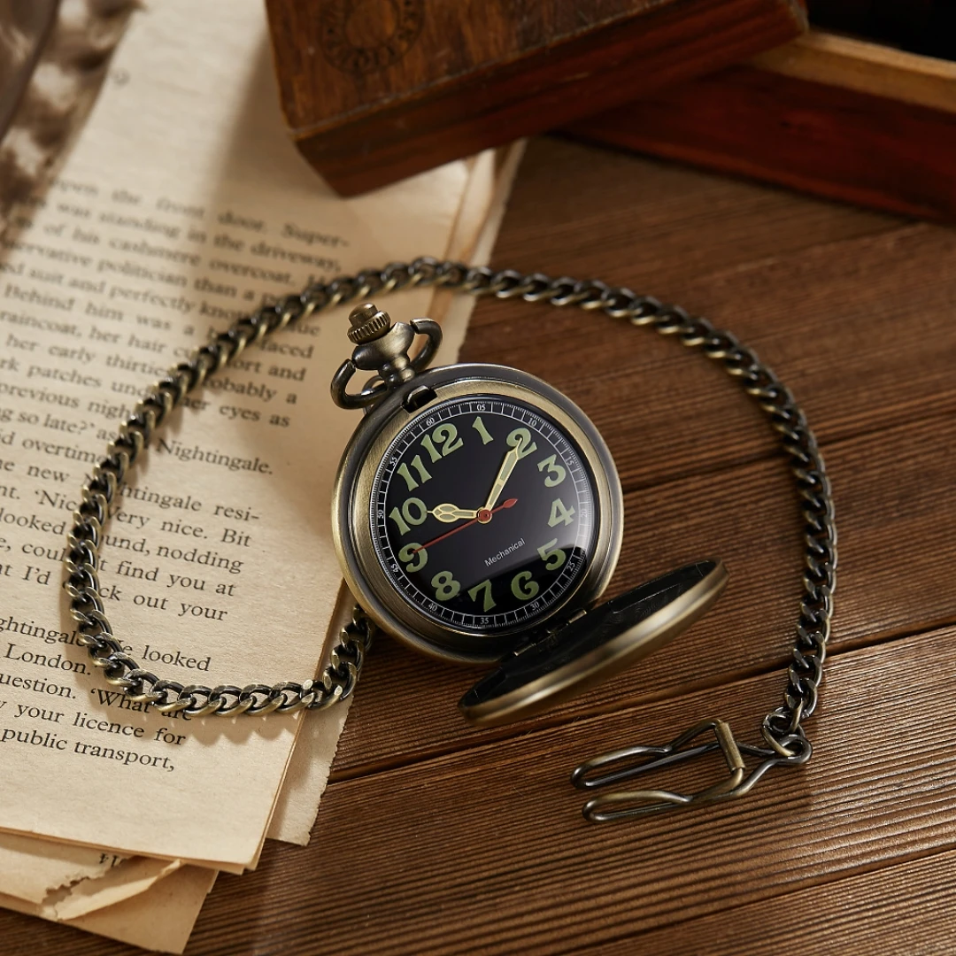 Luminous Pocket Watch Copper Mechanical Pocket Reloj Clock Men Skeleton Steampunk Chain Pendant Male Watches 2023