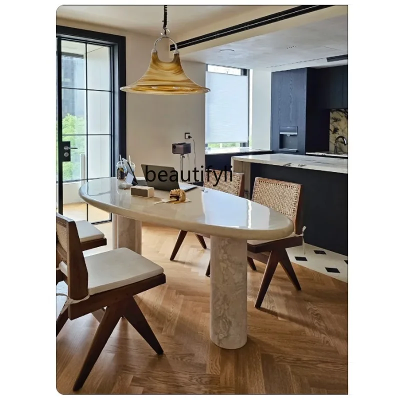 

Natural travertine dining table pebble dining table stone dining table retro marble simple