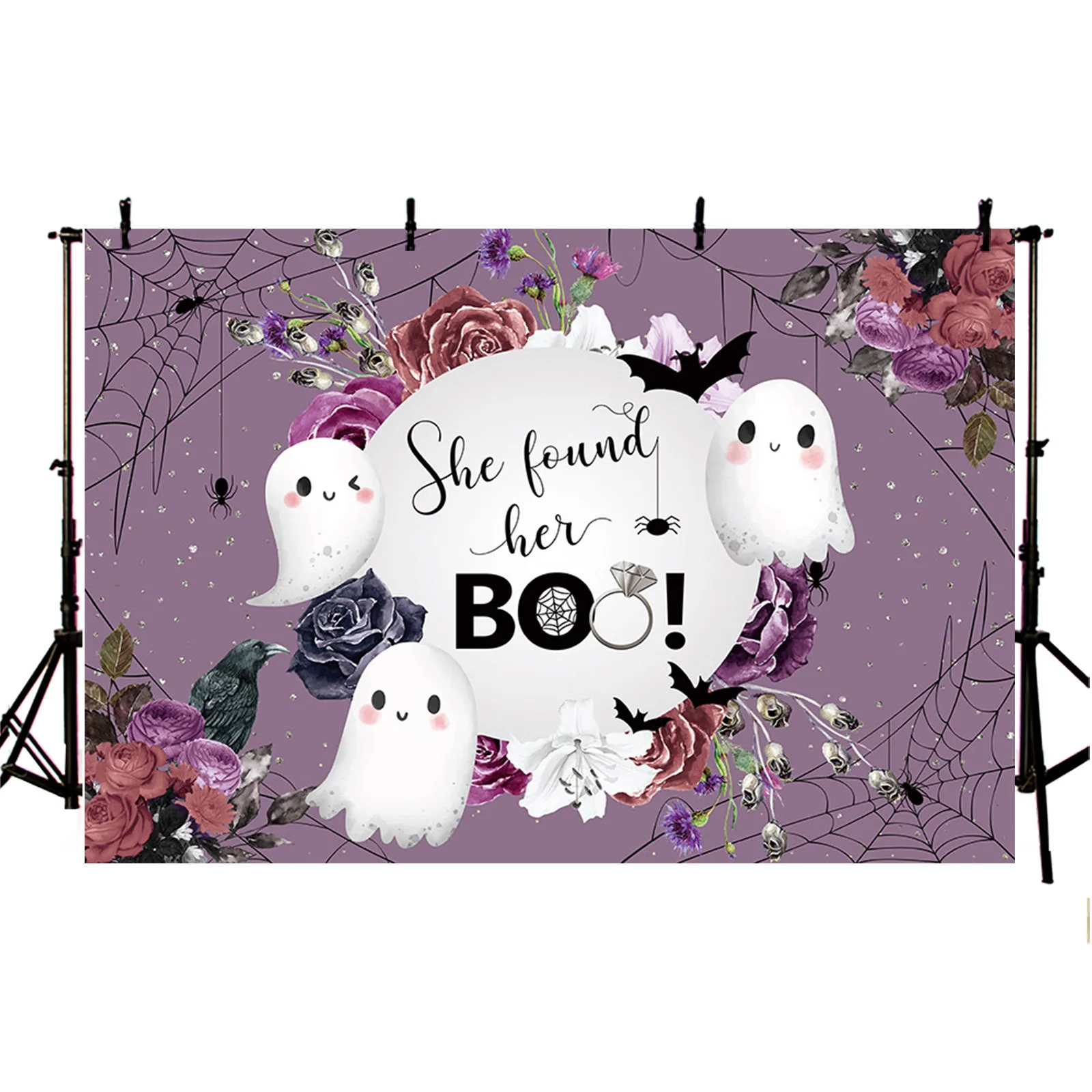 AIBIIN Wedding Bridal Shower Backdrop Ring Halloween Cute Ghost She Found Her Boo Photography Background Bride to Be Party Decor