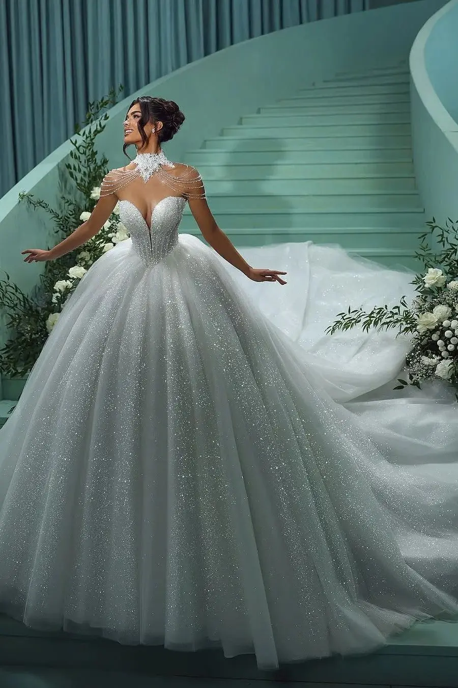 Customized Sequined Sweetheart Ball Gown Wedding Dresses High Collar Bolero Corset Puffy Princess Bridal Gowns