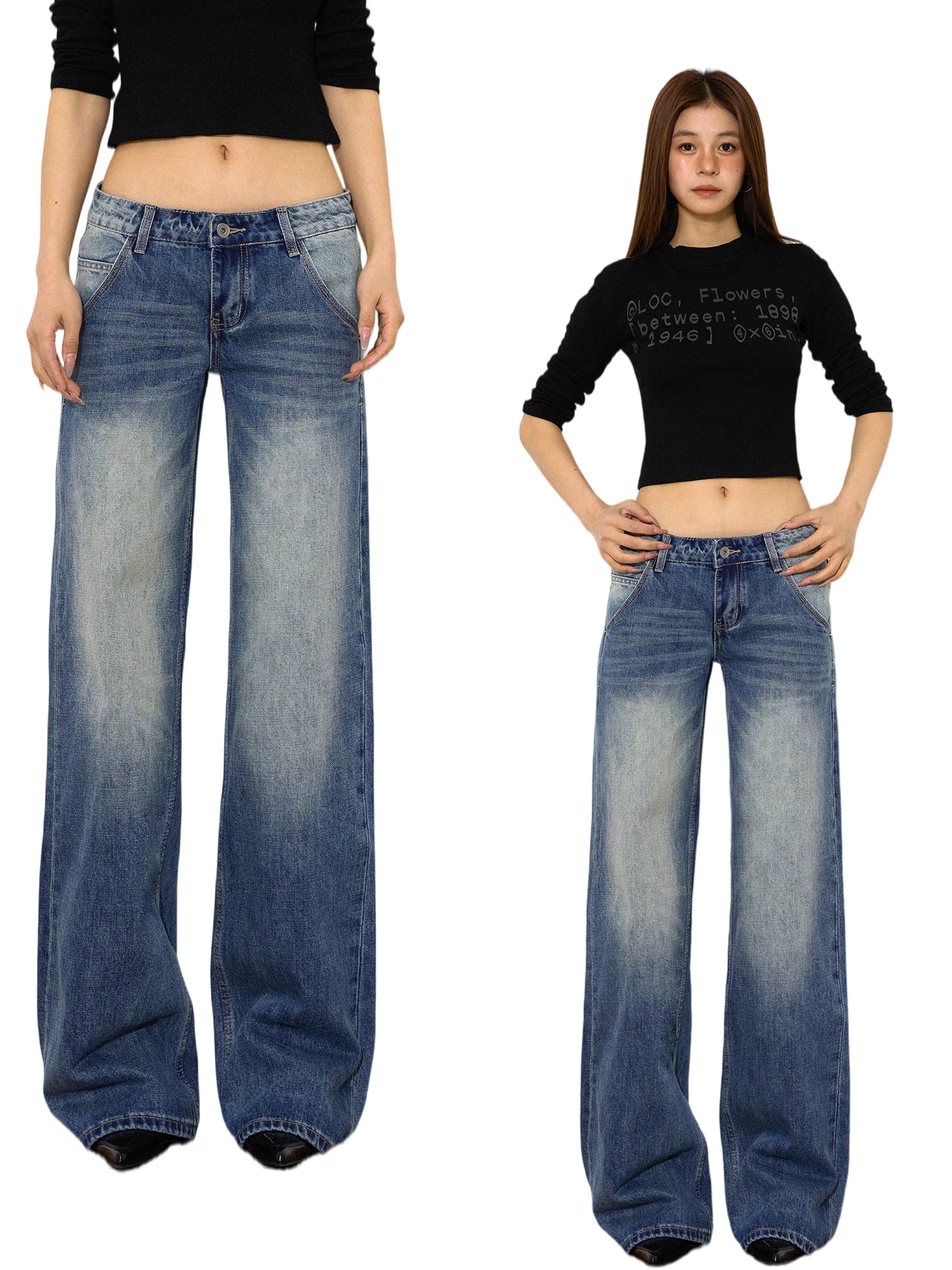 

Low Waist Straight Leg Jeans Women's Retro American Washed Spicy Girl Wide Leg Floor-Length Slimming Denim Pants