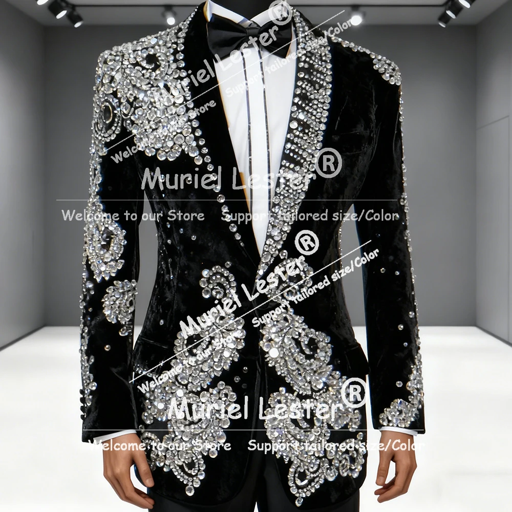 

Metallic Beaded Stones Wedding Suits For Men Exquisite Velvet Jacket Pants 2 Piece Groom Tuxedos Customized trajes para hombre