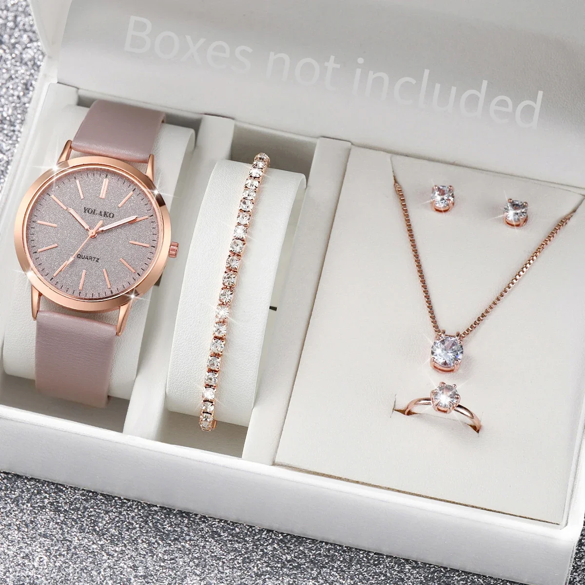 Conjunto de Reloj de Cuarzo con Diamantes para Mujer, Esfera con Diseño de Cielo Estrellado, Correa de Cuero, Joyería Moderna, Sin Caja, 5 Piezas por Conjunto