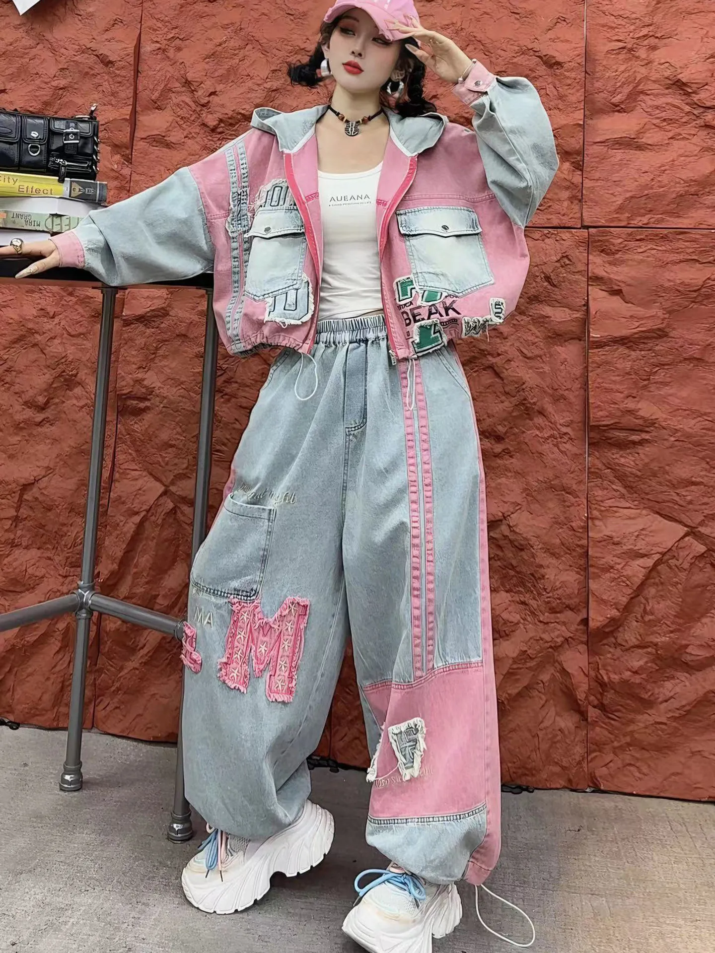High Street Contrast Color Women Denim Set Patch Embroidery Hooded Zip Cardigans Coat + Elastic Waist Wide Leg Casual Trousers