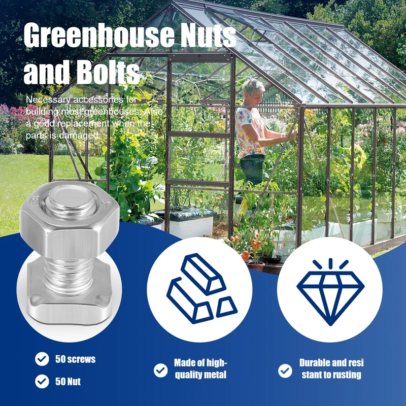 ACKOR 50 حزم الدفيئة المكسرات والمسامير رئيس مربع البراغي المكسرات الدفيئة طقم تصليح أجزاء استبدال لوازم الحدائق