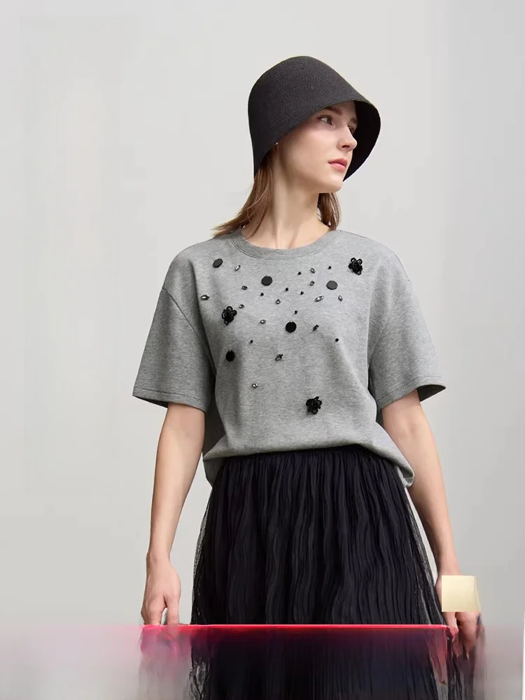 

I Весенняя новая круглая футболка с 3D вышивкой бисером, женская свободная футболка ort Sve Cotton Blend, роскошная одежда для поездок на работу