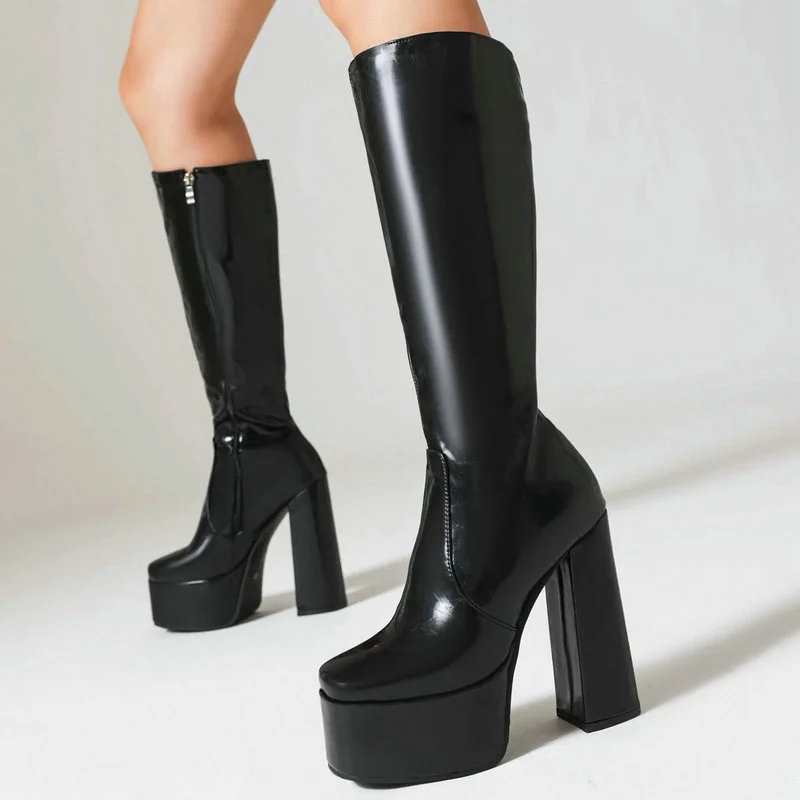 Black Red White Women Knee High Boots Platform Thick High Heel Ladies Calf Boots PU Leather Square Toe Side Zipper Dress Shoes