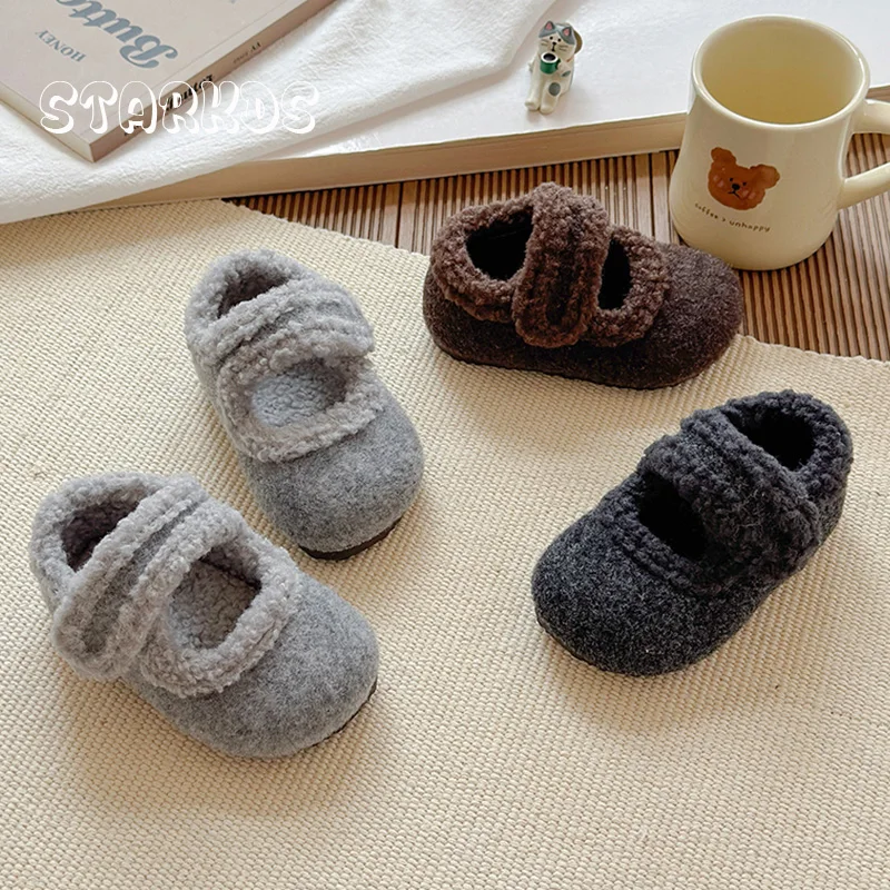 

Soft Round Toe Lambswool Ballet Flats kid Girls Winter Warm Plush Shallow Loafers Baby Child Wool Fleece Felt Mary Jane Shoes