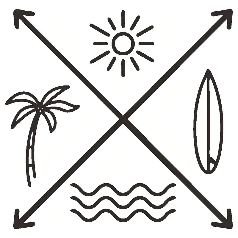2D Flat Stickers Featuring Tropical Surfing with Cross Arrows for Cars - Designs of Surfboards, Ocean Waves, And Palm Trees - Su