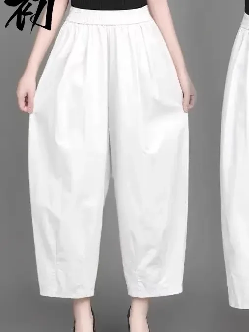 ربيع وصيف جديد حجم كبير المنجل السراويل النسائية مرونة الخصر عادية التخسيس سراويلي حريمي Sli أمي واسعة الساق تسع نقاط