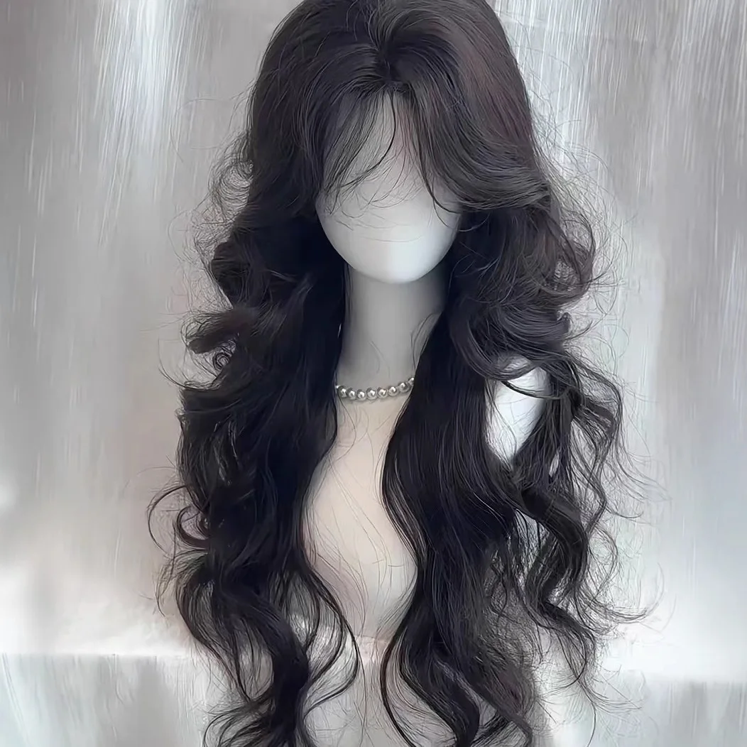 Peluca negra Lolita para mujer, pelo largo ondulado, peluca rizada de 75cm con flequillo, diadema para Cosplay, pelucas sintéticas para uso diario