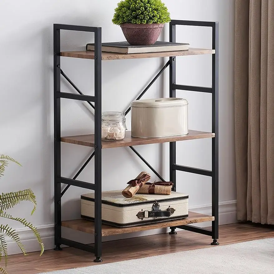 Bookshelf for Small Space, 3 Tier Wood Book Shelf and Bookcase with Metal Frame, Rustic Standing Unit Shelf Display Rac