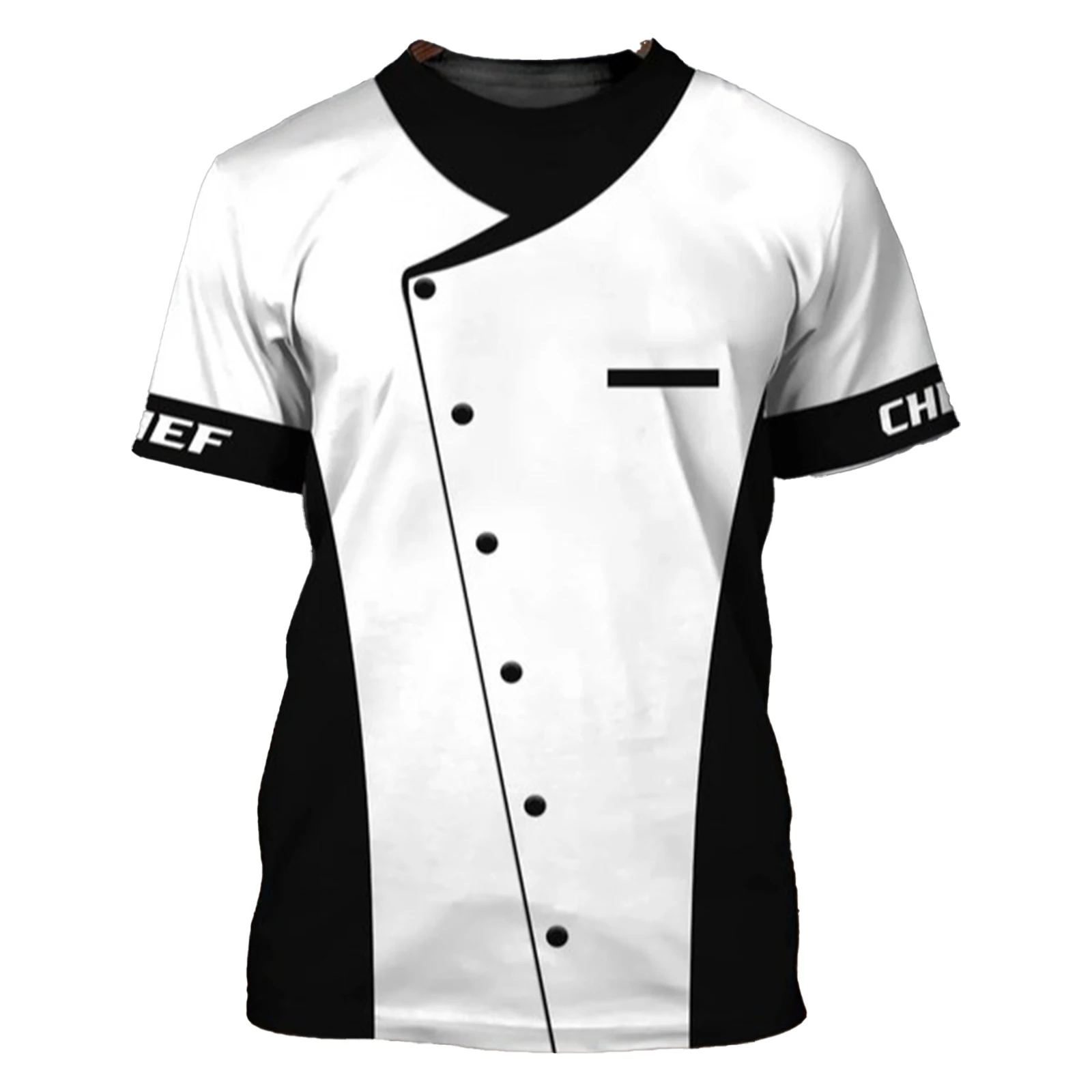 Mens Contraste Cor Chef Camisa de Manga Curta T-shirt Restaurante Cozinha Tops Costume Impressão Elegante Hotel Casual Round Neck Tops