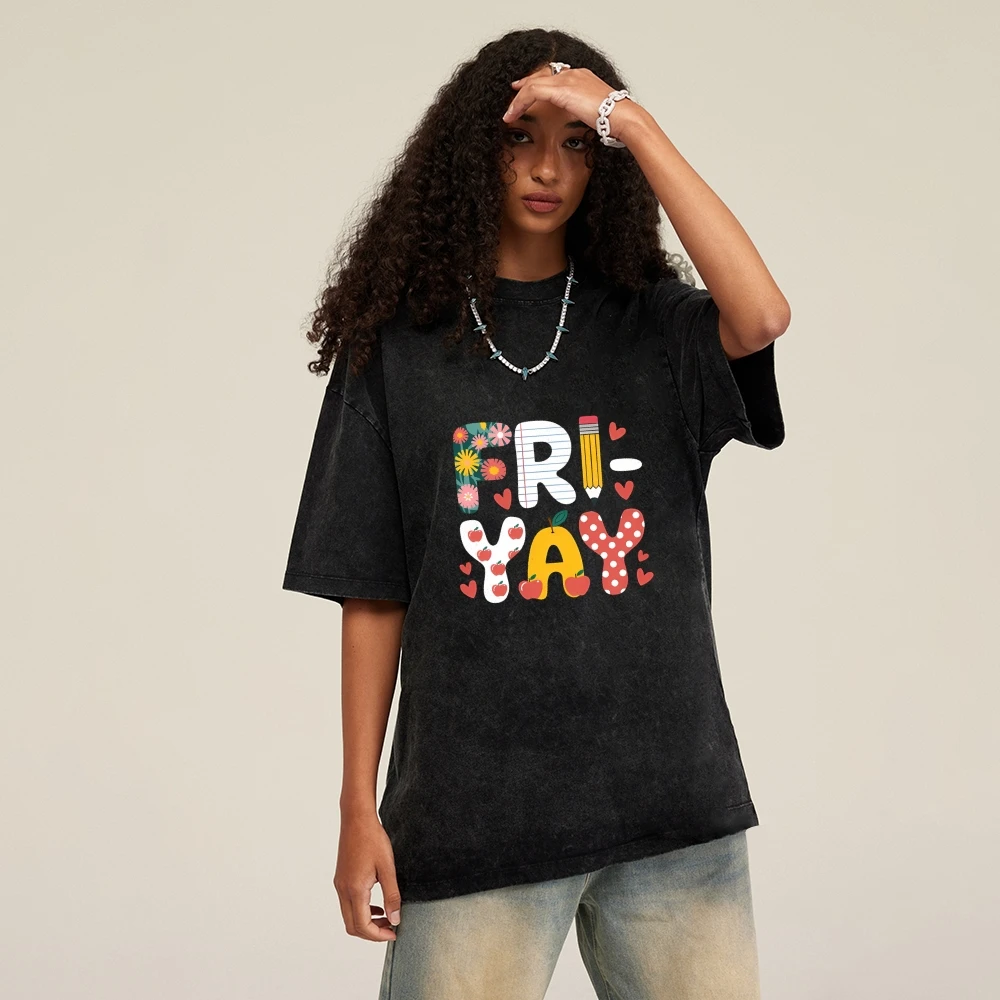 

Футболка с рисунком Fri Yay, игривая пятница, дизайн, потертая стирка, повседневная свободная футболка с короткими рукавами, летний яркий веселый удобный топ