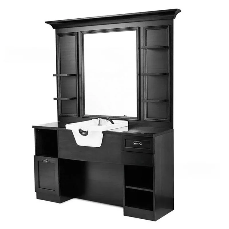 Mirror retro solid wood hair salon mirror table cabinet integrated with shampoo basin