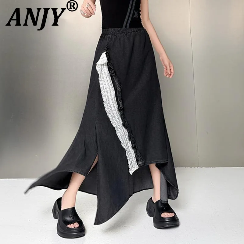 ANJY Spring Summer New Women Trend Irregular Lace Patchwork Washed Vintage Contrast Color Niche Design A-Line Denim Skirt A23733