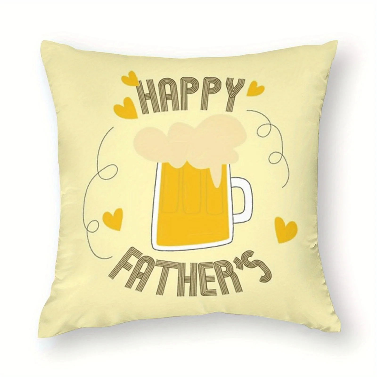 Pillow Cover Happy Father Day Beer Mug Design Yellow Hearts Retro Font Soft Plush Zipper Machine Washable Sofa Bed Gift for Dad