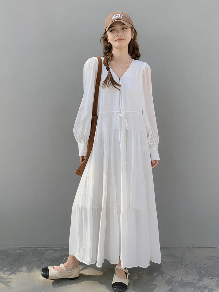 Elegant White Summer Dress Women's Soft Style Waist-Cinching Slimming Holiday Long Skirt Breathable Comfortable City Commute