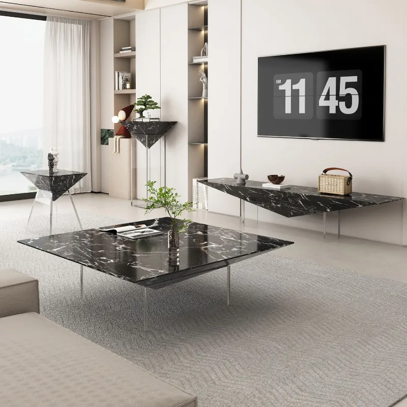 

Итальянская роскошная каменная вилла: просторная гостиная, высокий потолок, тумба под ТВ из мрамора, минималистичный современный дизайн.